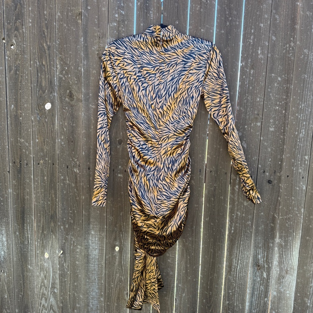 Likely Tiger Print Mini Dress Size 00 Long Sleeve Tie Waist Ruched - Picture 2 of 6